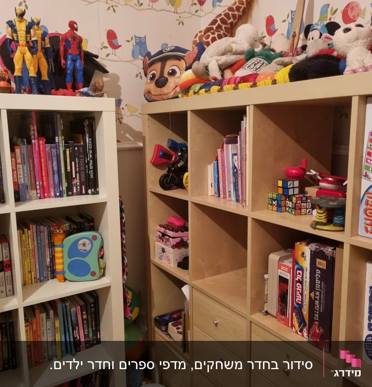 מדפים עם צעצועים, ספרים וקופסאות משחקים מסודרים